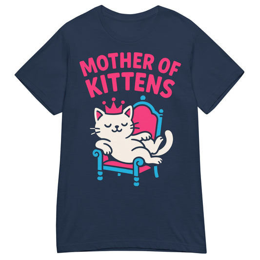 Navy women's T-shirt, front view, featuring the Mother of Kittens Queen Cat design