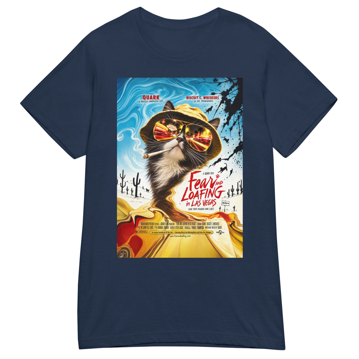Navy women's T-shirt, front view, featuring the Fear and Loafing in Las Vegas Quark cat poster design