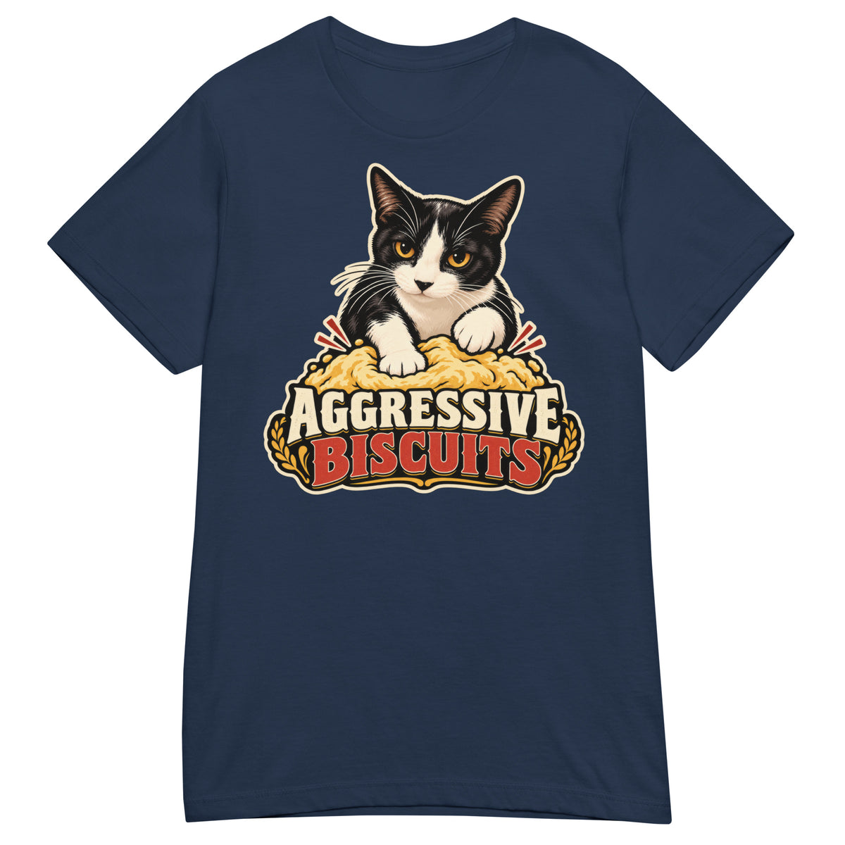 Navy women's T-shirt, front view, featuring the Aggressive Biscuits kneading tuxedo cat design