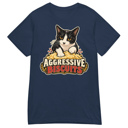 Navy women's T-shirt, front view, featuring the Aggressive Biscuits kneading tuxedo cat design