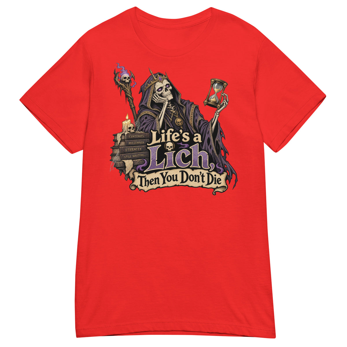 Red women's T-shirt, front view, featuring the Life's a Lich, Then You Don't Die bored undead lich design.