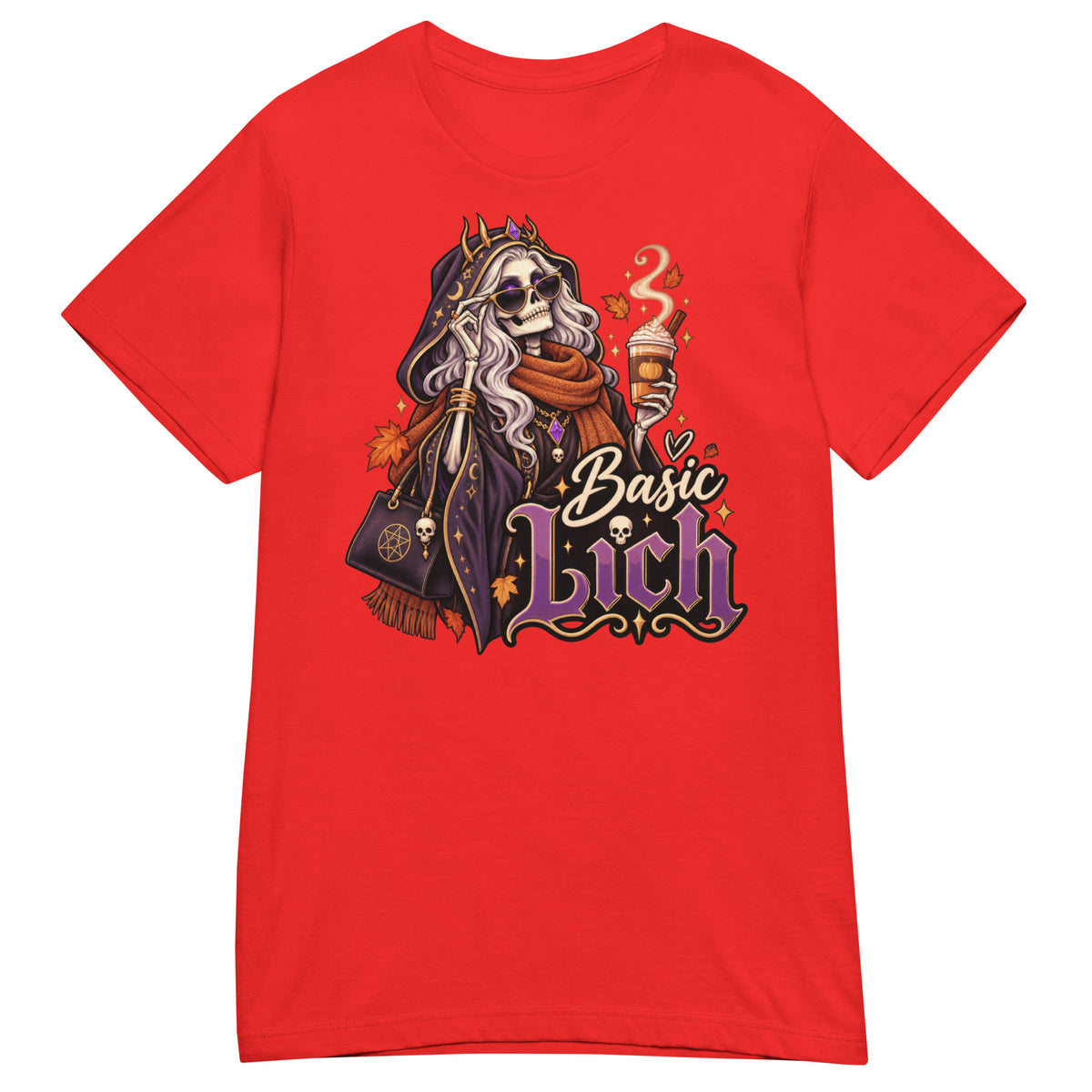 Red women's T-shirt, front view, featuring the Basic Lich pumpkin spice skeleton design
