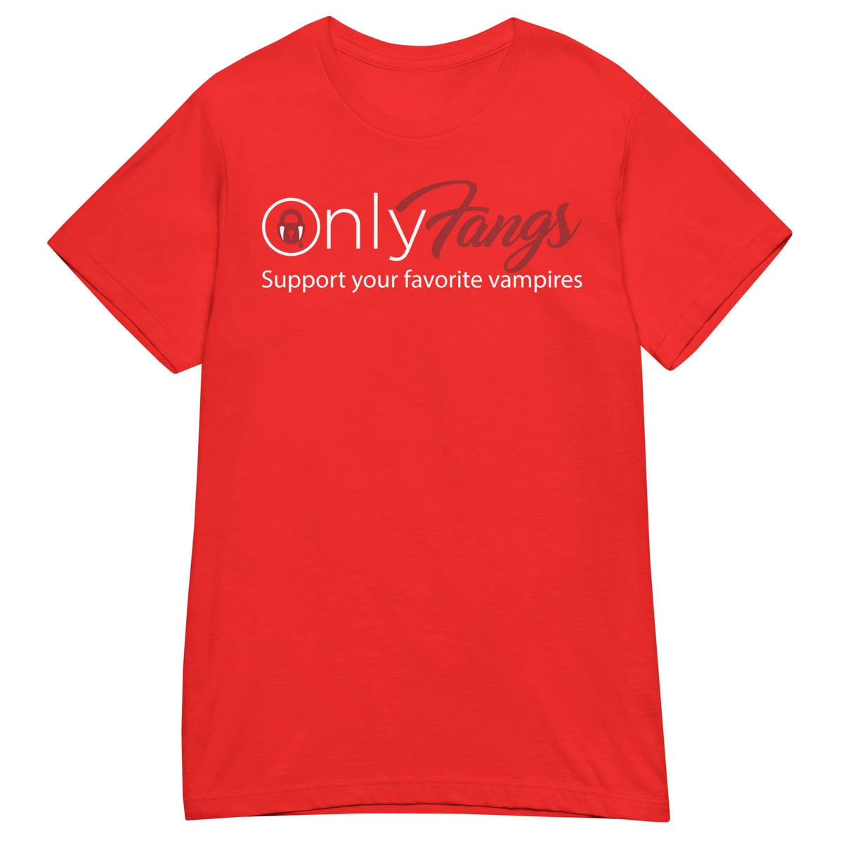Red women's T-shirt, front view, featuring the OnlyFangs vampire design