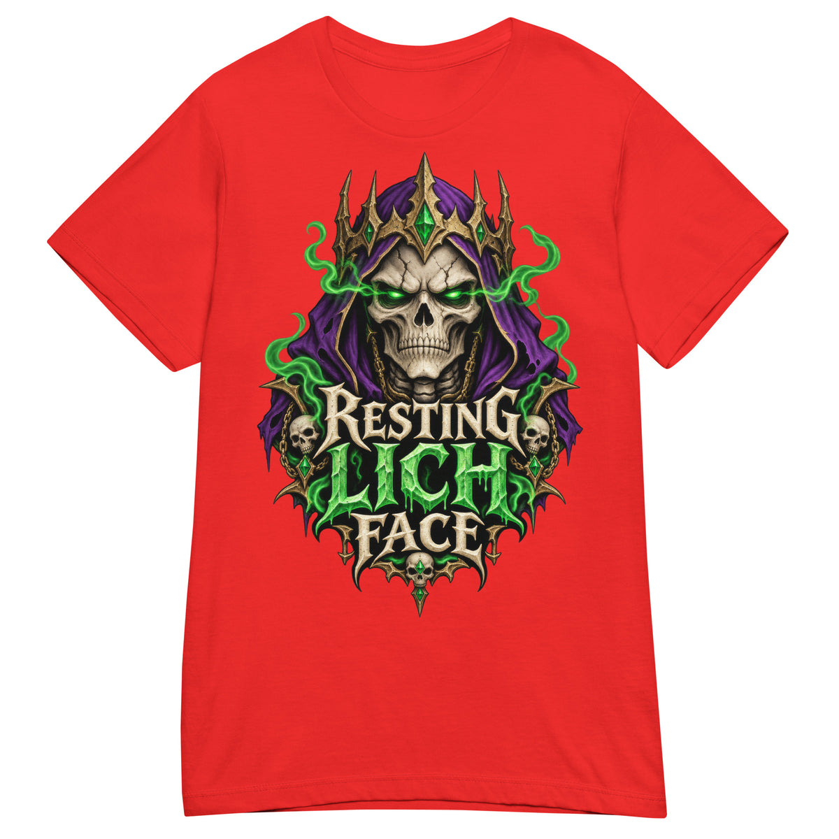 Red women's T-shirt, front view, featuring the Resting Lich Face crowned skull lich design
