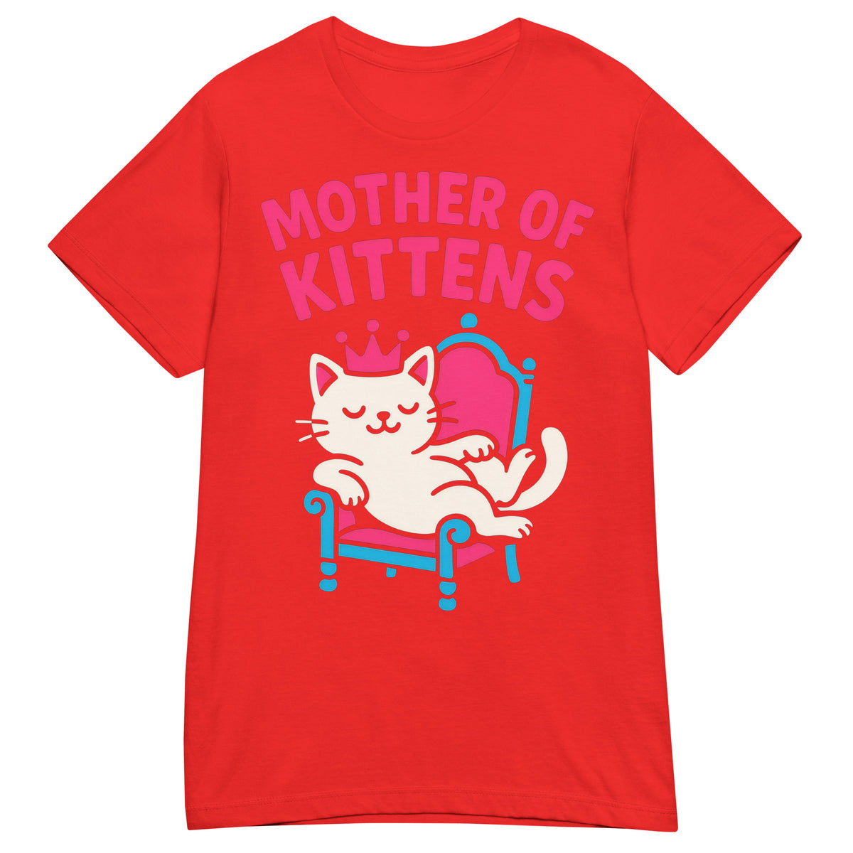 Red women's T-shirt, front view, featuring the Mother of Kittens Queen Cat design