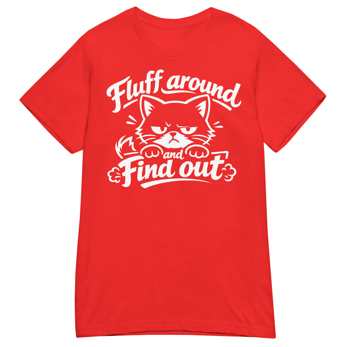 Red women's T-shirt, front view, featuring the Fluff Around and Find Out grumpy cat design