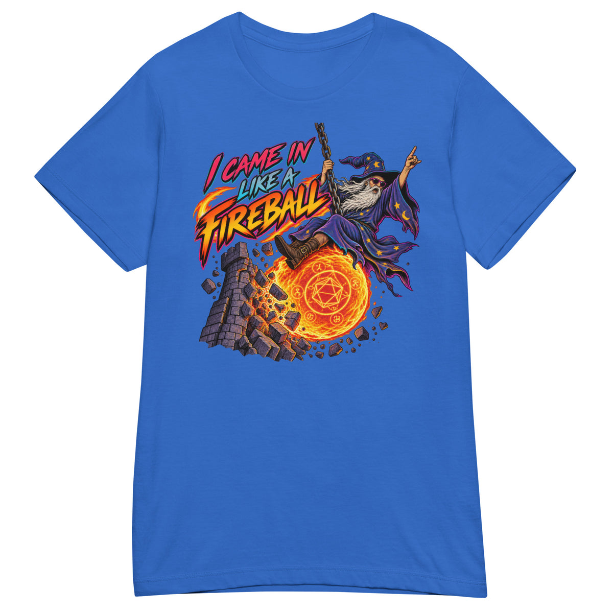 Royal women's T-shirt, front view, featuring the I Came In Like a Fireball wizard design