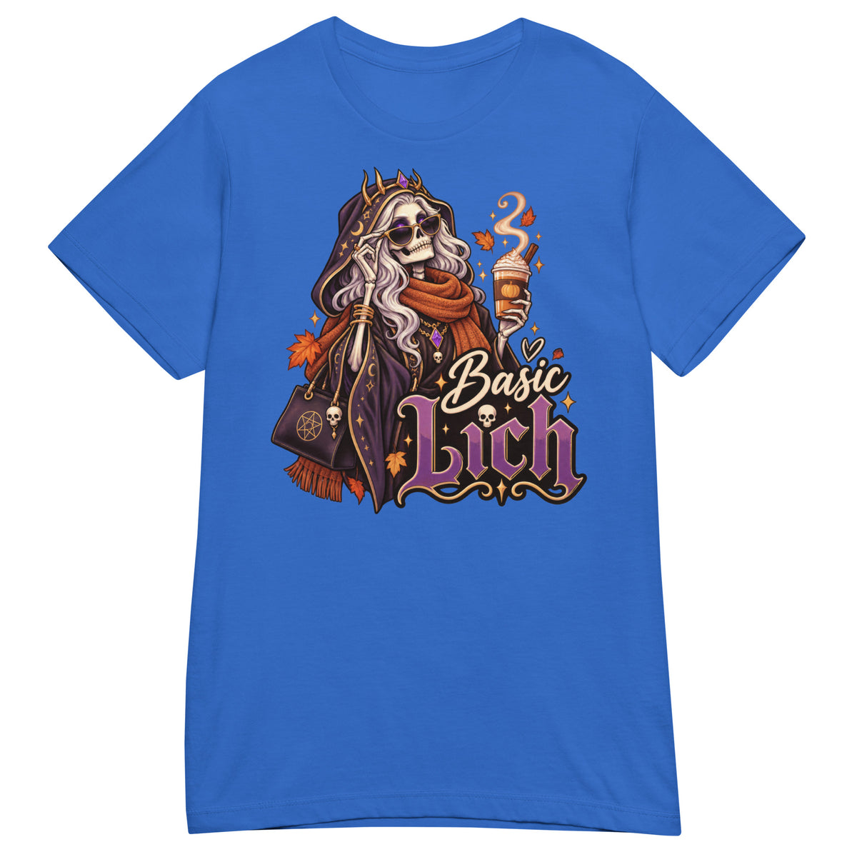Royal women's T-shirt, front view, featuring the Basic Lich pumpkin spice skeleton design
