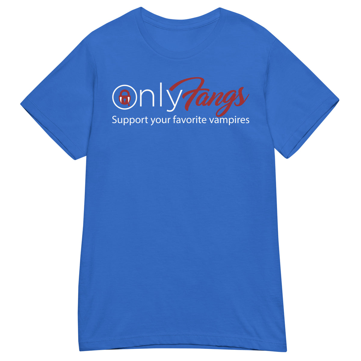 Royal women's T-shirt, front view, featuring the OnlyFangs vampire design