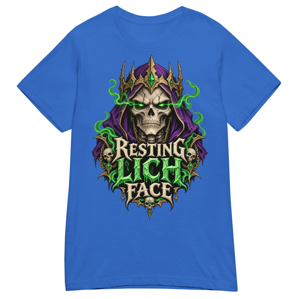 Royal women's T-shirt, front view, featuring the Resting Lich Face crowned skull lich design