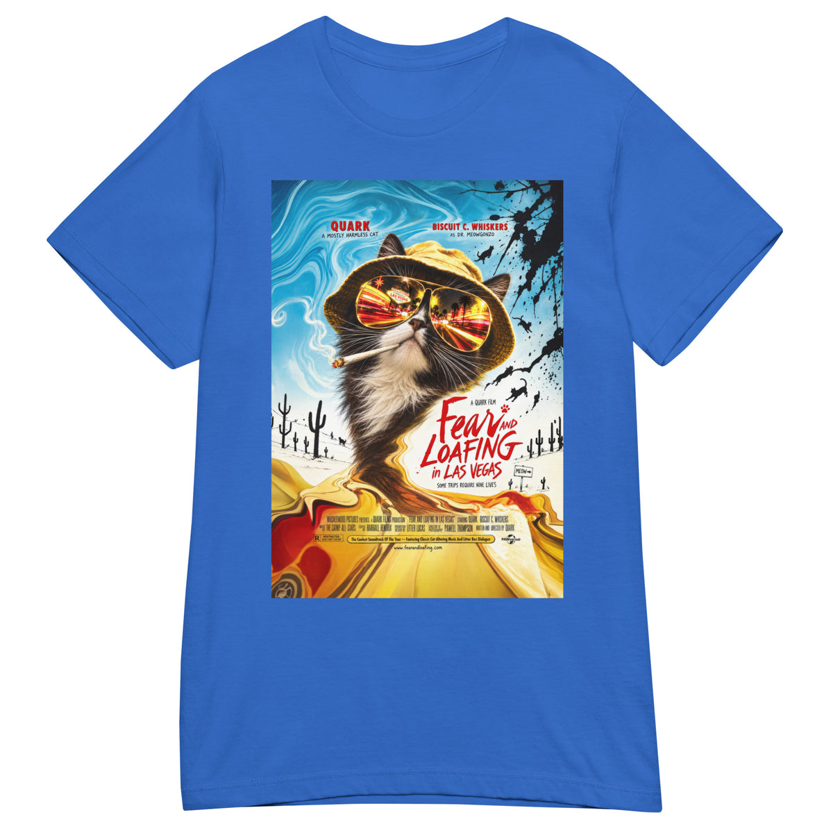 Royal women's T-shirt, front view, featuring the Fear and Loafing in Las Vegas Quark cat poster design