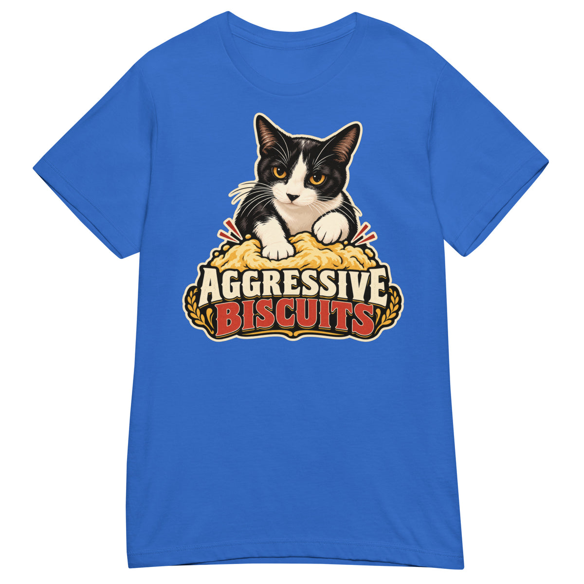 Royal women's T-shirt, front view, featuring the Aggressive Biscuits kneading tuxedo cat design