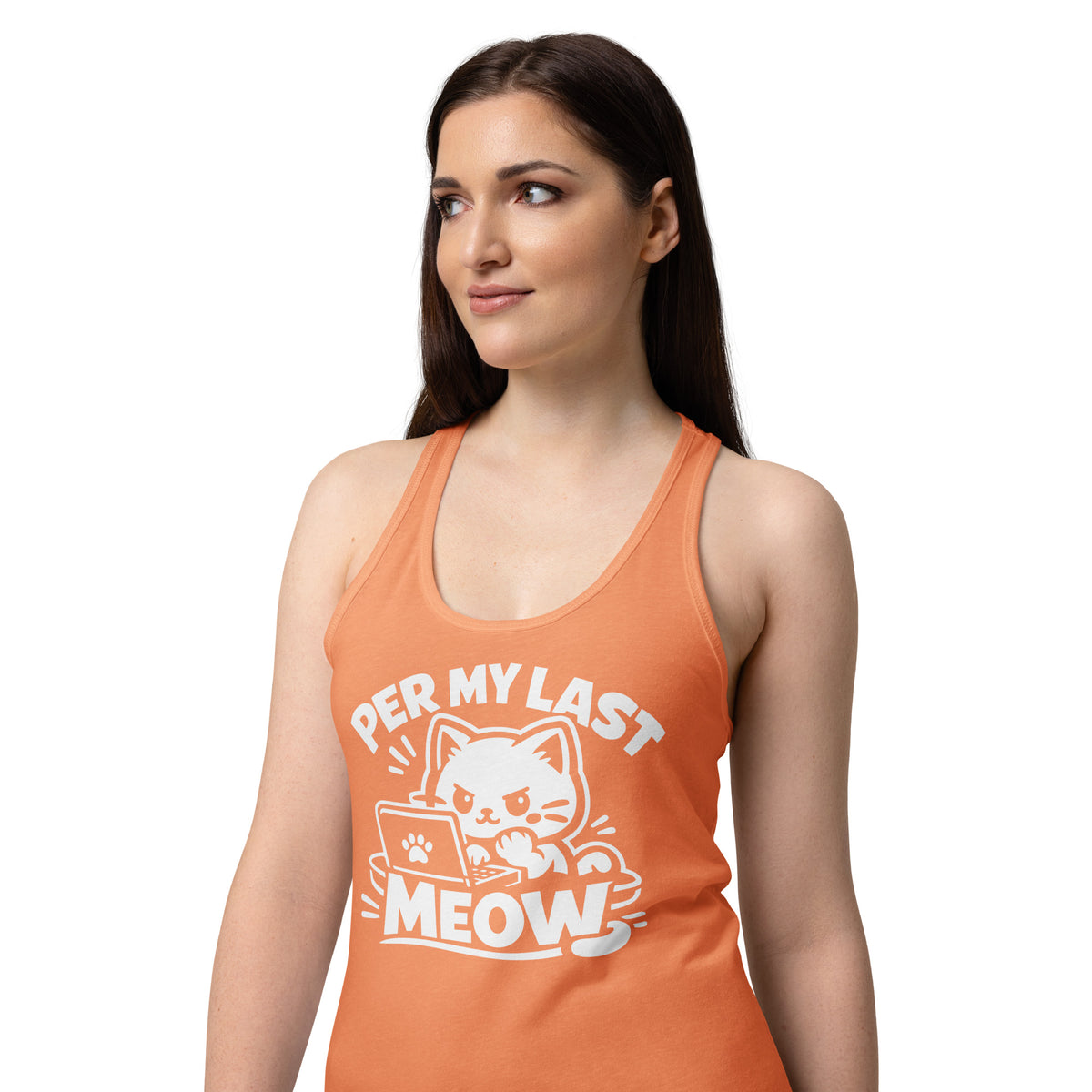 Light Orange women's racerback tank top, front view, featuring the Per My Last Meow cat design
