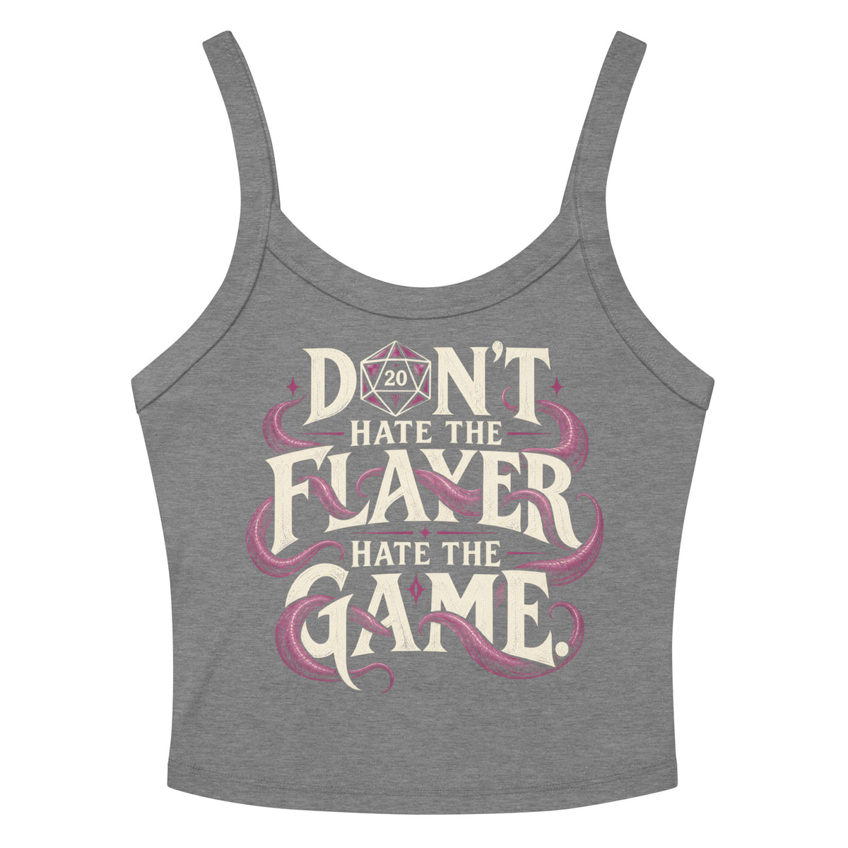 Athletic Heather women's micro-rib tank top, front view, featuring Don't Hate the Flayer, Hate the Game artwork with magenta tentacles and a D20.