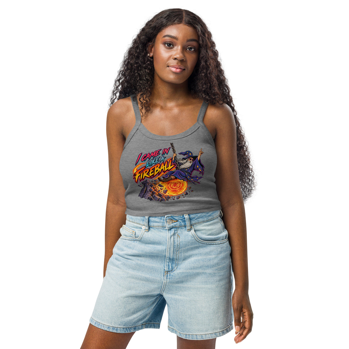 Athletic Heather women's micro-rib tank top, front view, featuring the I Came In Like a Fireball wizard design