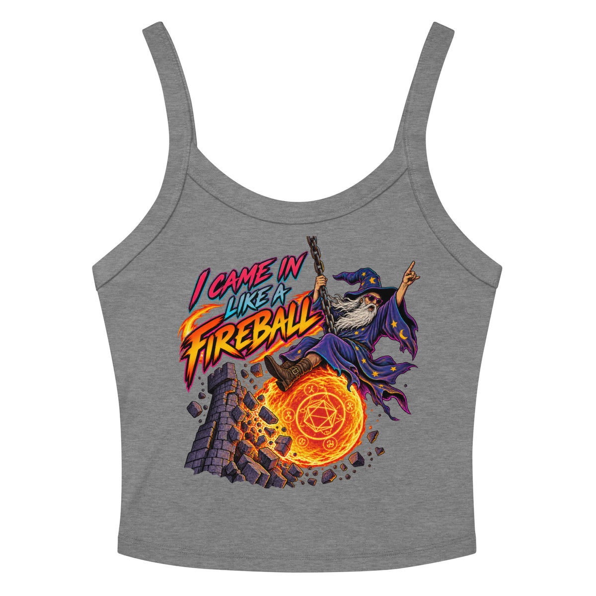 Athletic Heather women's micro-rib tank top, front view, featuring the I Came In Like a Fireball wizard design