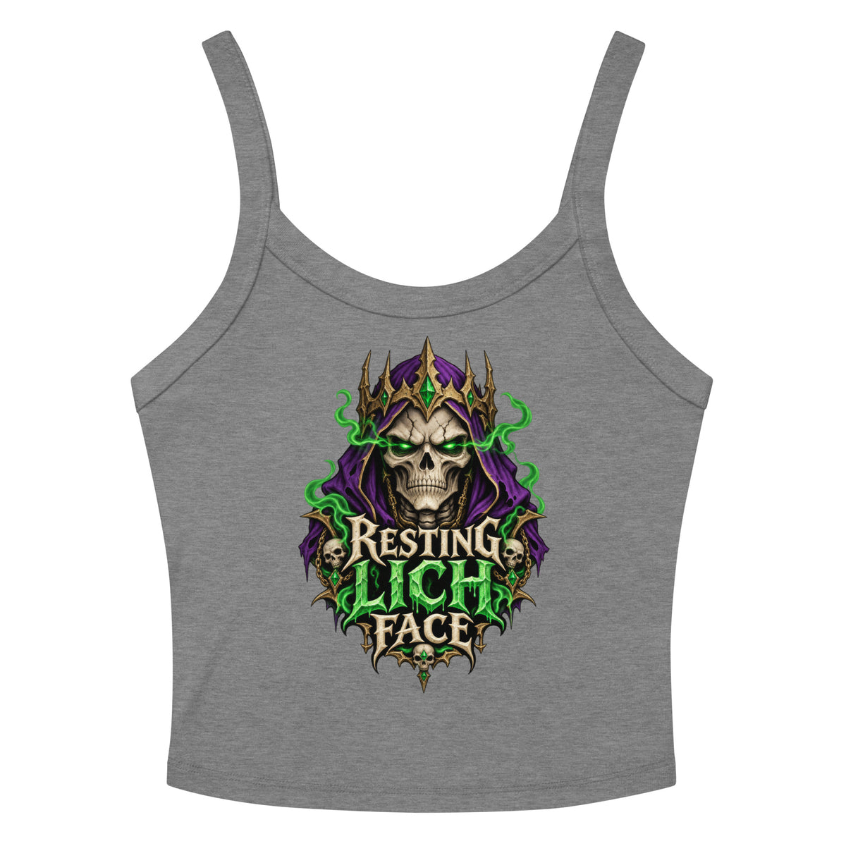 Athletic Heather women's micro-rib tank top, front view, featuring the Resting Lich Face crowned skull lich design