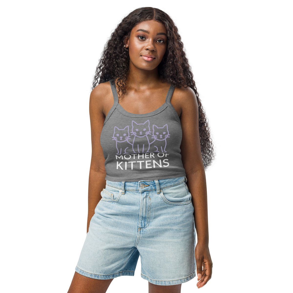 Athletic Heather women's micro-rib tank top, front view, featuring the Mother of Kittens Three Cats design