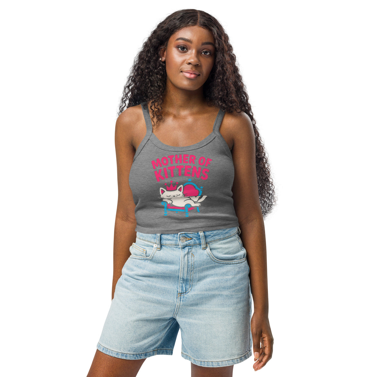 Athletic Heather women's micro-rib tank top, front view, featuring the Mother of Kittens Queen Cat design