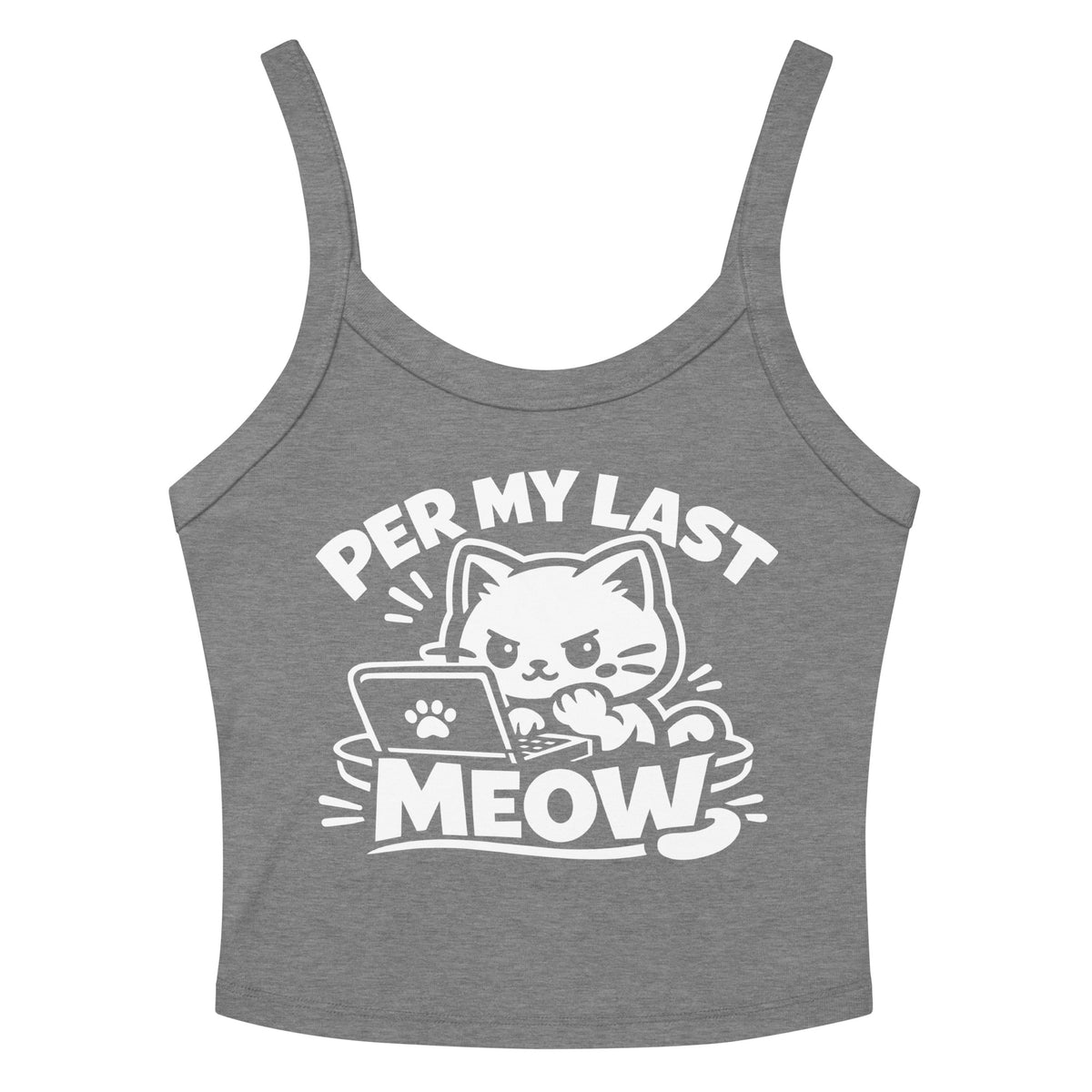 Athletic Heather women's micro-rib tank top, front view, featuring the Per My Last Meow cat design
