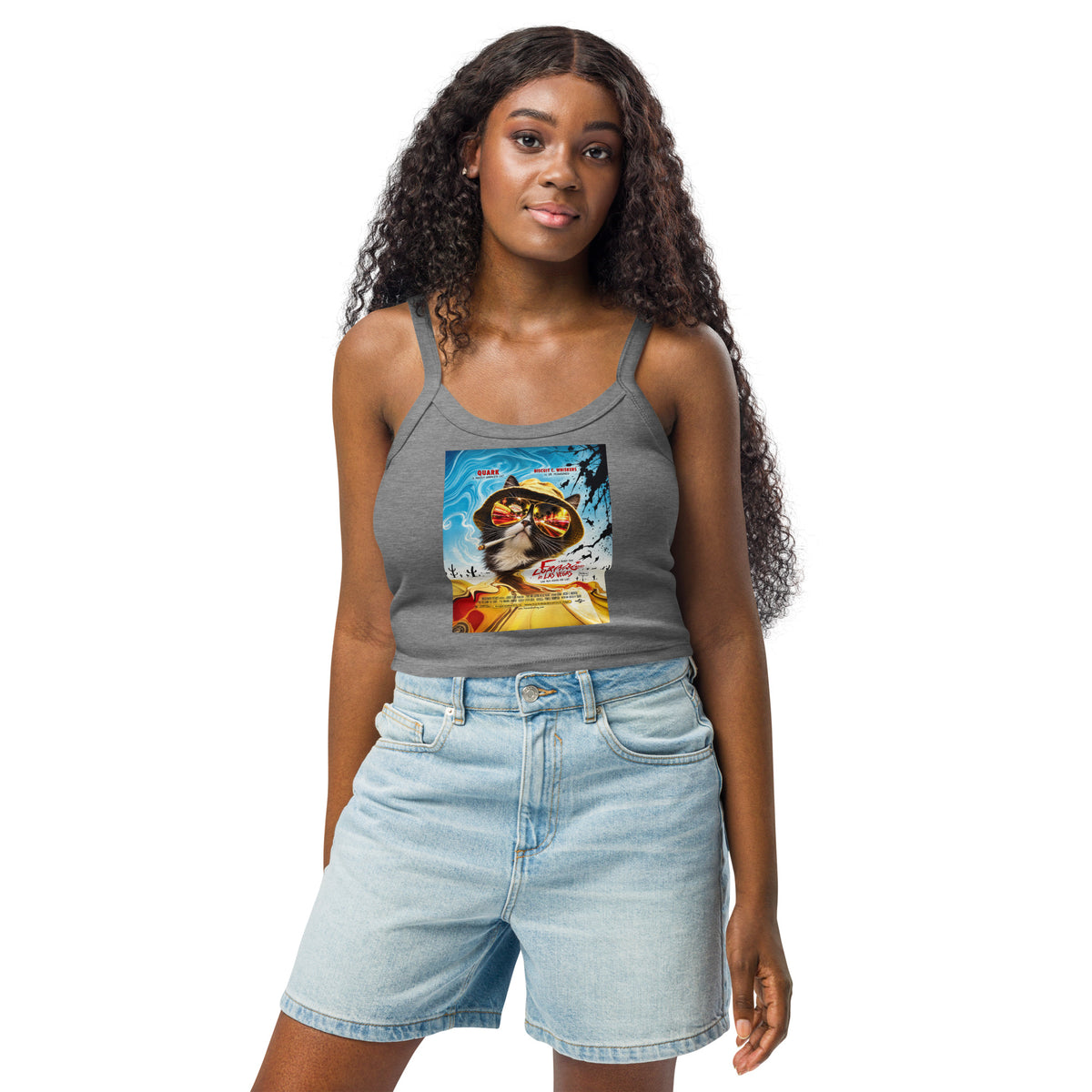 Athletic Heather women's micro-rib tank top, front view, featuring the Fear and Loafing in Las Vegas Quark cat poster design