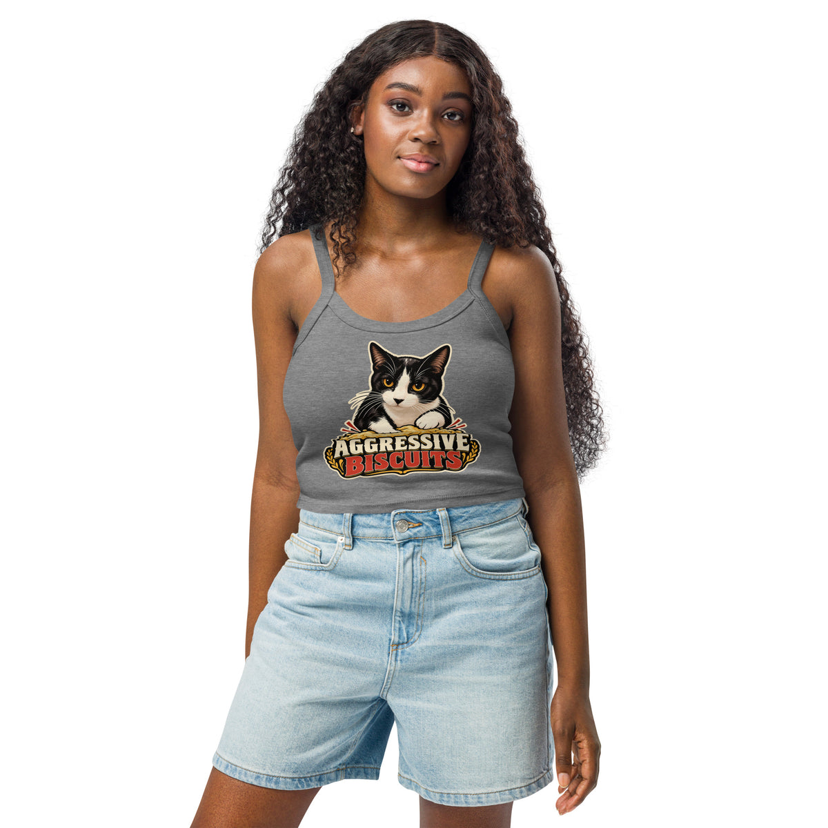 Athletic Heather women's micro-rib tank top, front view, featuring the Aggressive Biscuits kneading tuxedo cat design