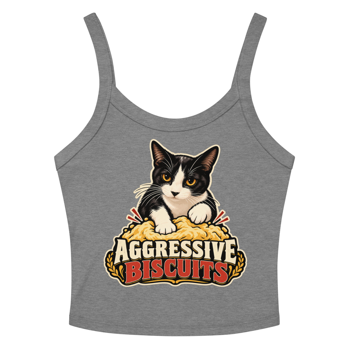 Athletic Heather women's micro-rib tank top, front view, featuring the Aggressive Biscuits kneading tuxedo cat design