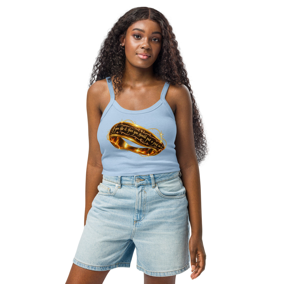 Solid Baby Blue Blend women's micro-rib tank top, front view, featuring Put a Ring on It gold fantasy ring and starburst graphic.