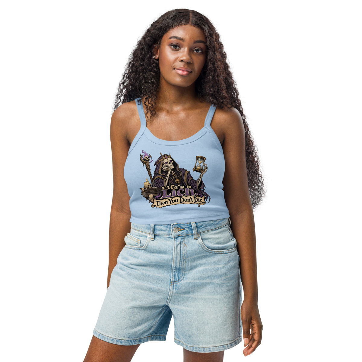 Solid Baby Blue Blend women's micro-rib tank top, front view, featuring the Life's a Lich, Then You Don't Die bored undead lich design.