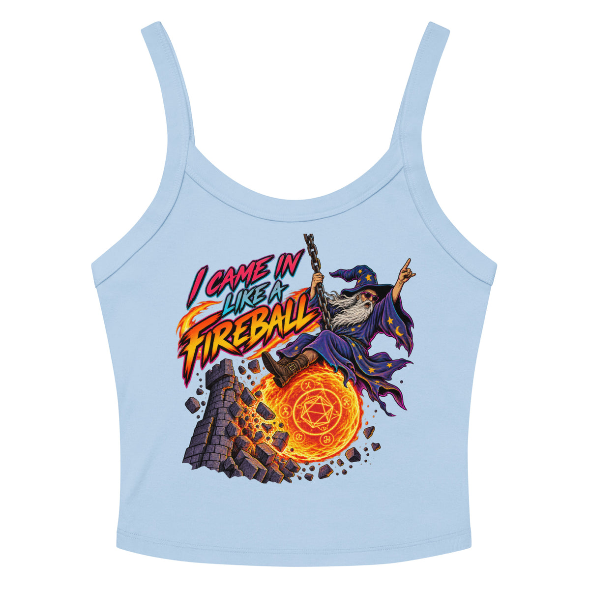 Solid Baby Blue Blend women's micro-rib tank top, front view, featuring the I Came In Like a Fireball wizard design