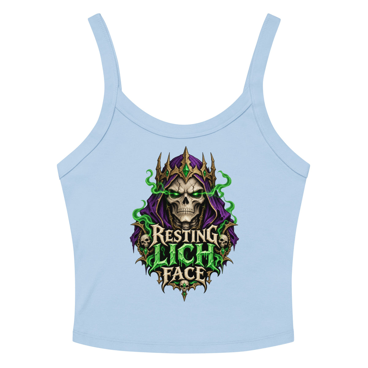 Solid Baby Blue Blend women's micro-rib tank top, front view, featuring the Resting Lich Face crowned skull lich design
