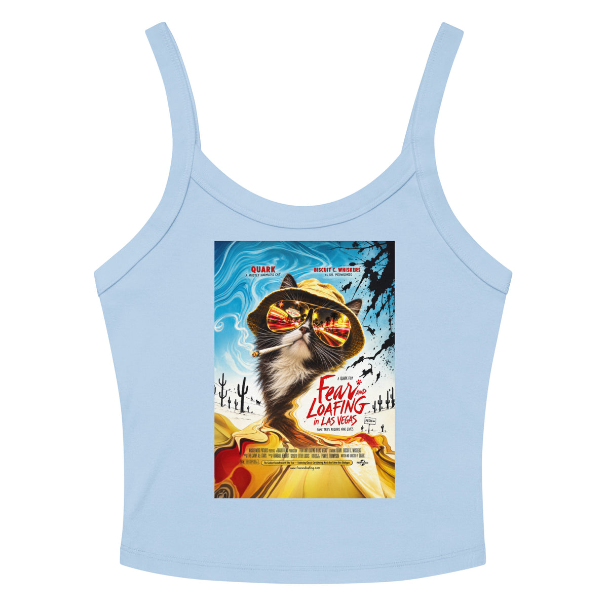 Solid Baby Blue Blend women's micro-rib tank top, front view, featuring the Fear and Loafing in Las Vegas Quark cat poster design