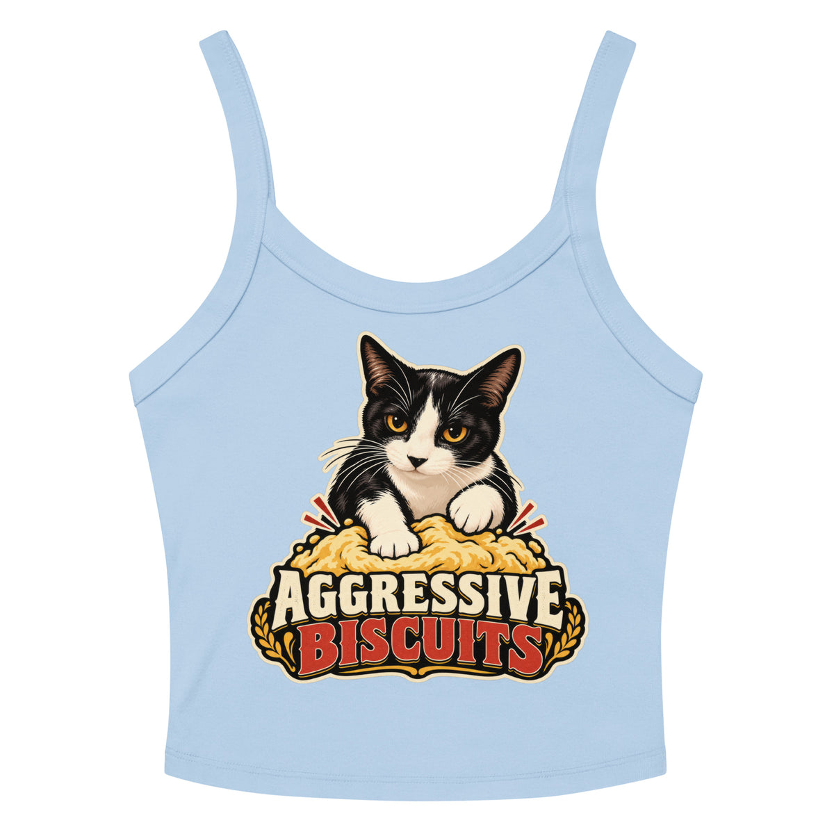Solid Baby Blue Blend women's micro-rib tank top, front view, featuring the Aggressive Biscuits kneading tuxedo cat design