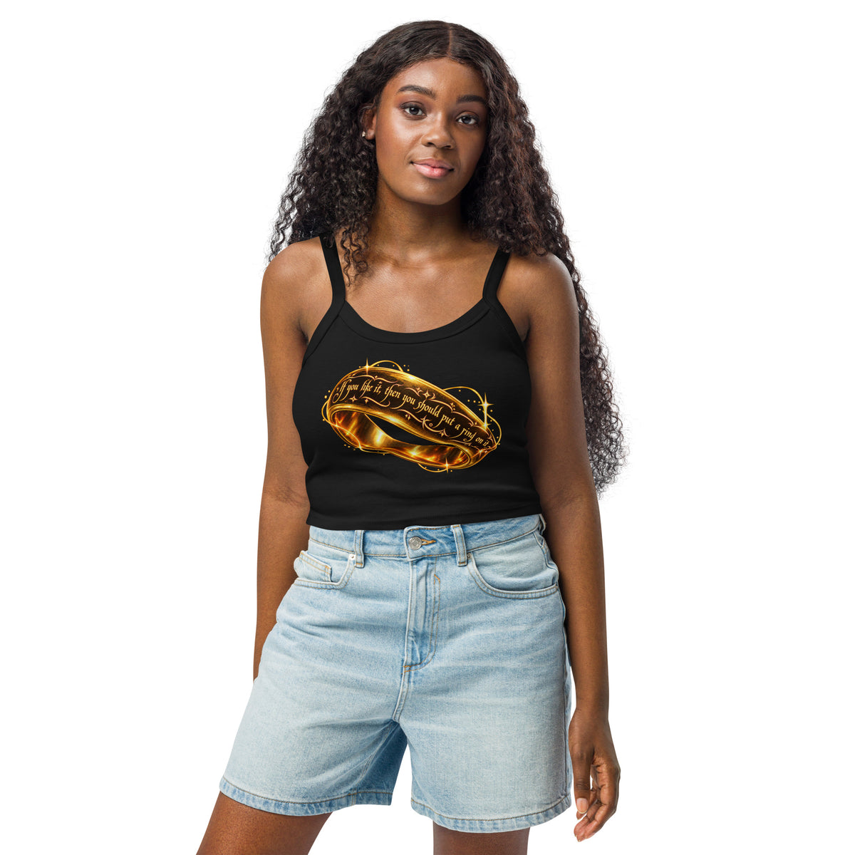 Black women's micro-rib tank top with ornate gold Put a Ring on It fantasy ring graphic
