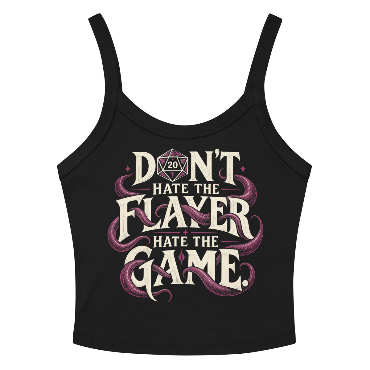 Black women's micro-rib tank with the Don't Hate the Flayer tabletop RPG design and magenta tentacles