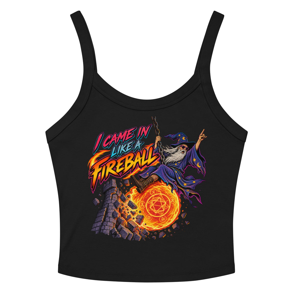 Solid Black Blend women's micro-rib tank top, front view, featuring a cartoon wizard swinging in on a chain behind a blazing fireball, smashing into a crumbling stone tower, with the words I Came In Like a Fireball