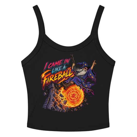 Solid Black Blend women's micro-rib tank top, front view, featuring a cartoon wizard swinging in on a chain behind a blazing fireball, smashing into a crumbling stone tower, with the words I Came In Like a Fireball
