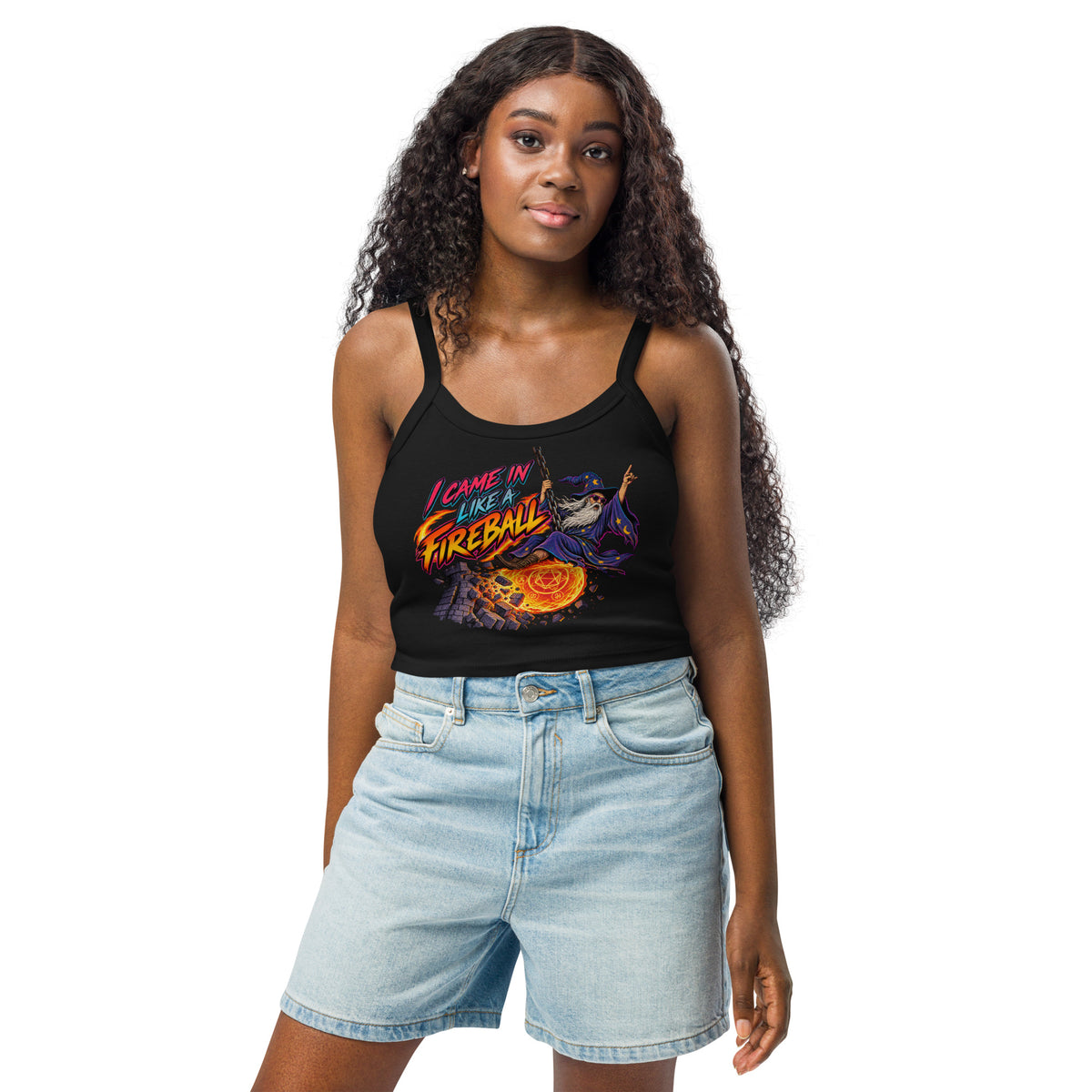 Solid Black Blend women's micro-rib tank top, front view, featuring the I Came In Like a Fireball wizard design