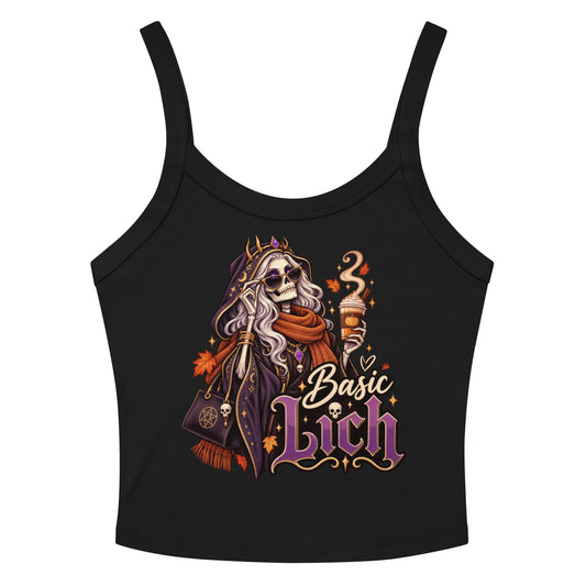 Solid Black Blend women's micro-rib tank top, front view, featuring a crowned skeleton lich queen in sunglasses and an orange scarf holding a pumpkin spice latte, with the words Basic Lich