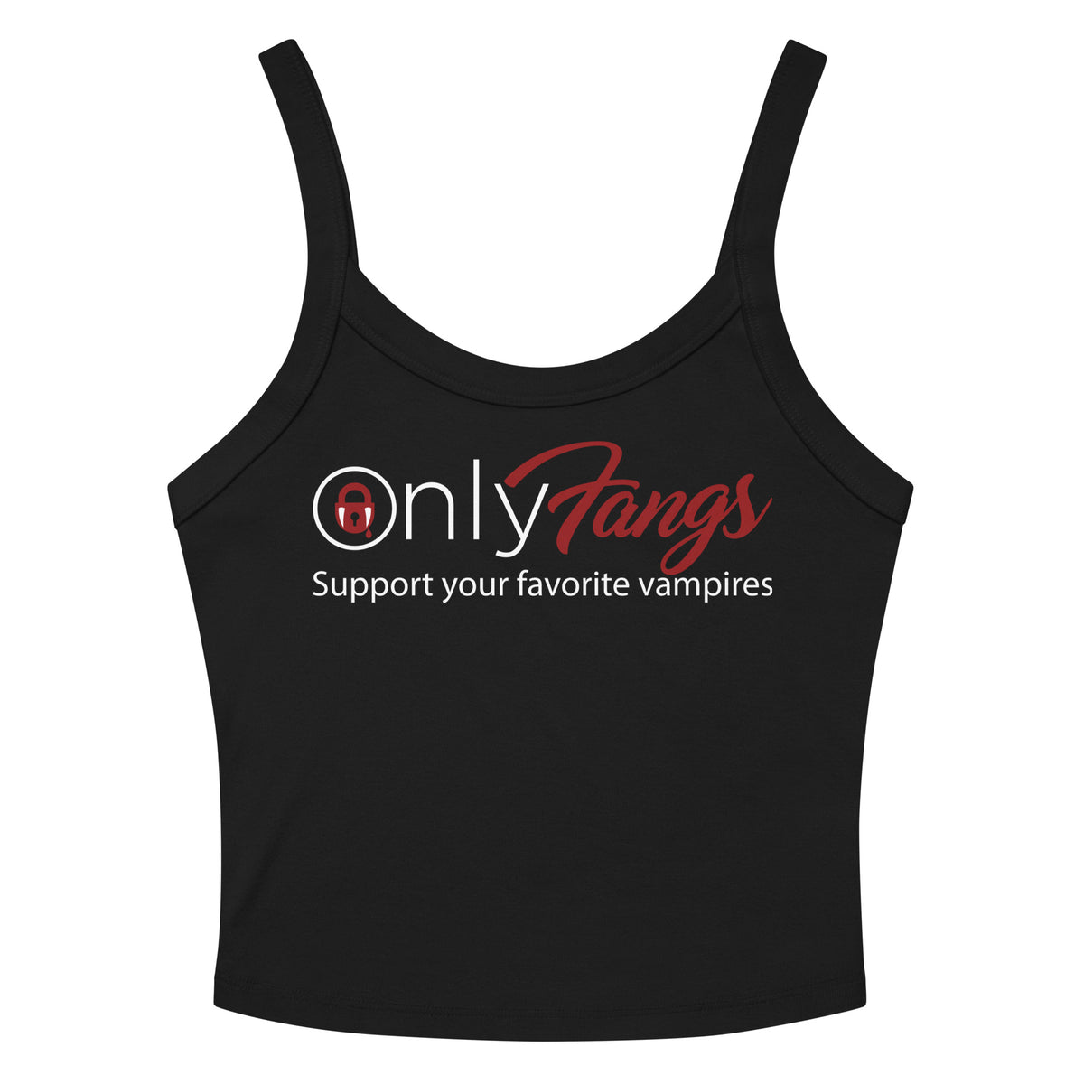 Solid Black Blend women's micro-rib tank top, front view, featuring OnlyFangs in gothic script lettering with a dripping padlock icon