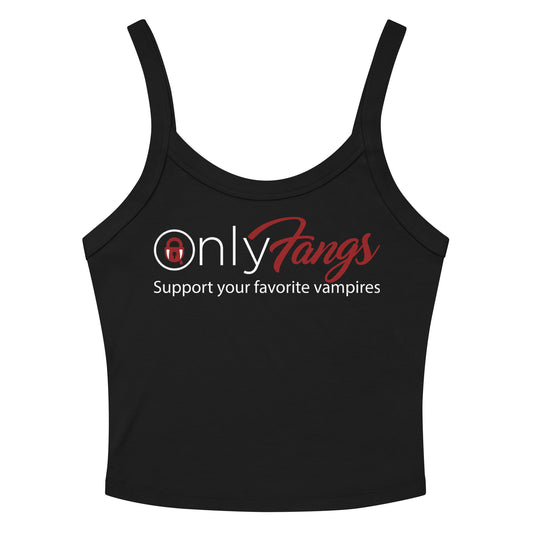 Solid Black Blend women's micro-rib tank top, front view, featuring OnlyFangs in gothic script lettering with a dripping padlock icon