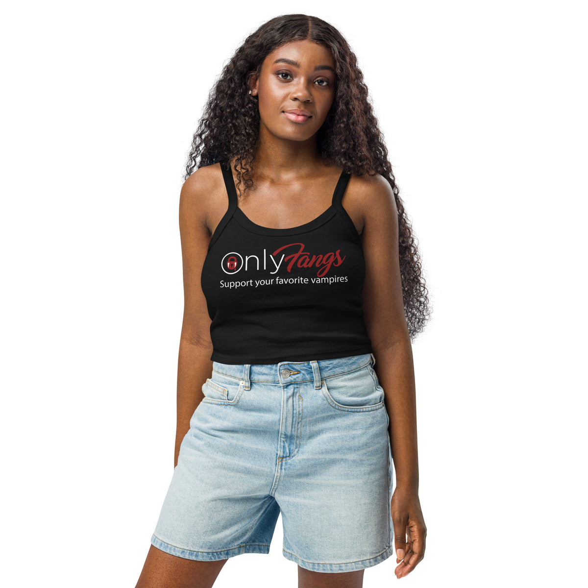Solid Black Blend women's micro-rib tank top, front view, featuring the OnlyFangs vampire design