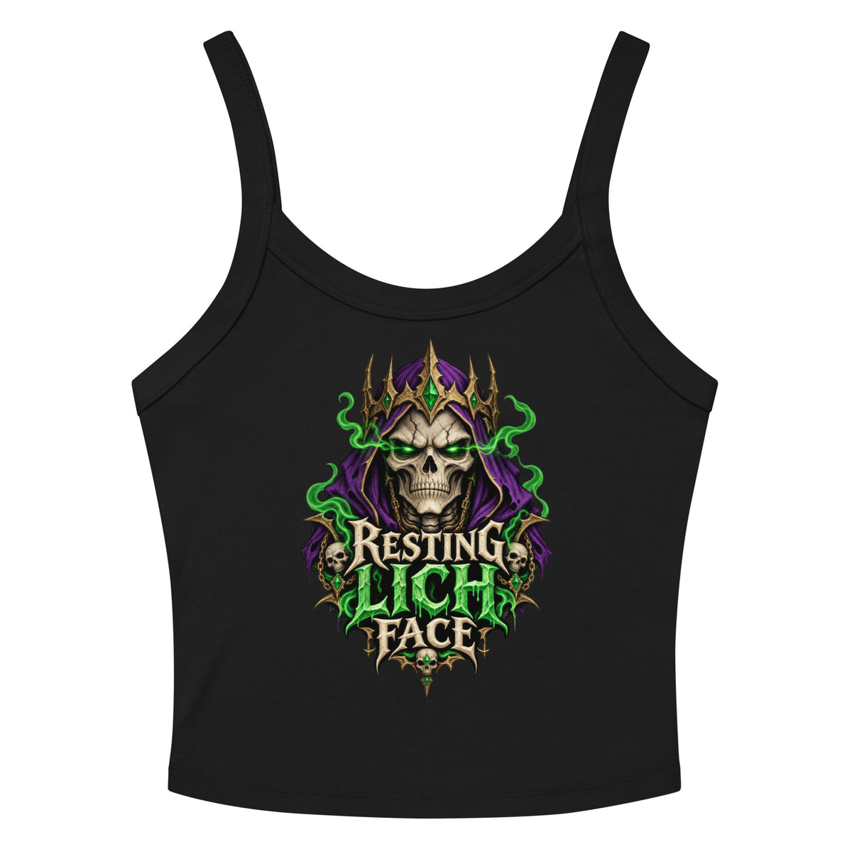 Solid Black Blend women's micro-rib tank top, front view, featuring a crowned skull lich in a purple hood with glowing green eyes and green smoke above dripping green lettering that reads Resting Lich Face