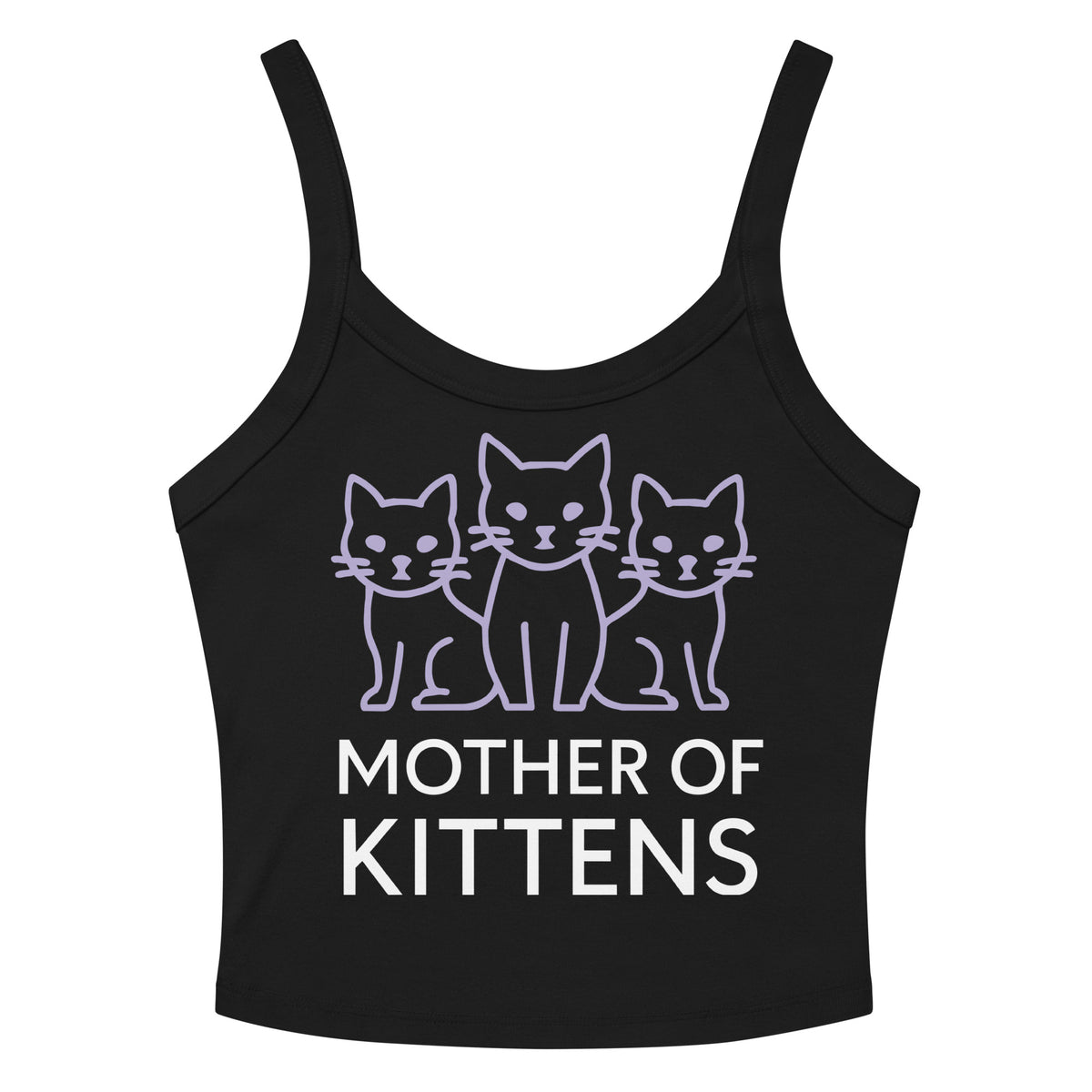 Solid Black Blend women's micro-rib tank top, front view, featuring three lavender line-art cats above white Mother of Kittens lettering