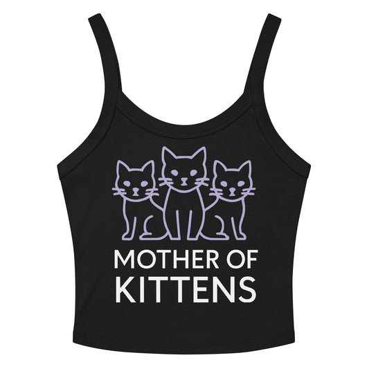 Solid Black Blend women's micro-rib tank top, front view, featuring three lavender line-art cats above white Mother of Kittens lettering