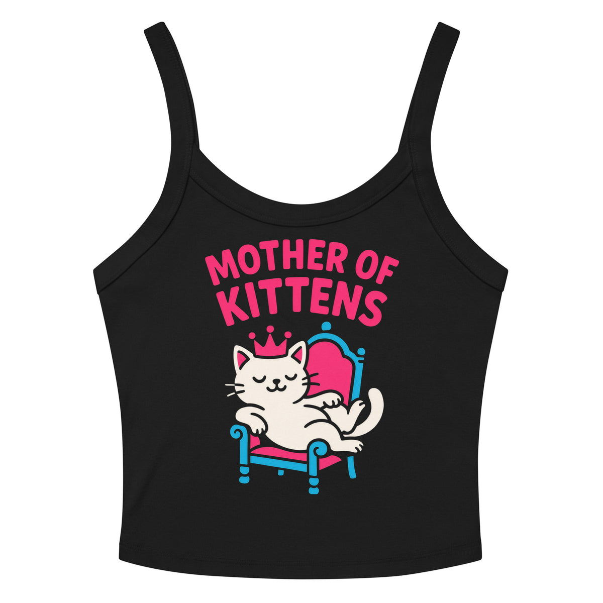 Solid Black Blend women's micro-rib tank top, front view, featuring a crowned white cat lounging on a pink and blue throne under pink Mother of Kittens lettering