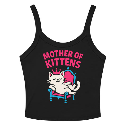 Solid Black Blend women's micro-rib tank top, front view, featuring a crowned white cat lounging on a pink and blue throne under pink Mother of Kittens lettering
