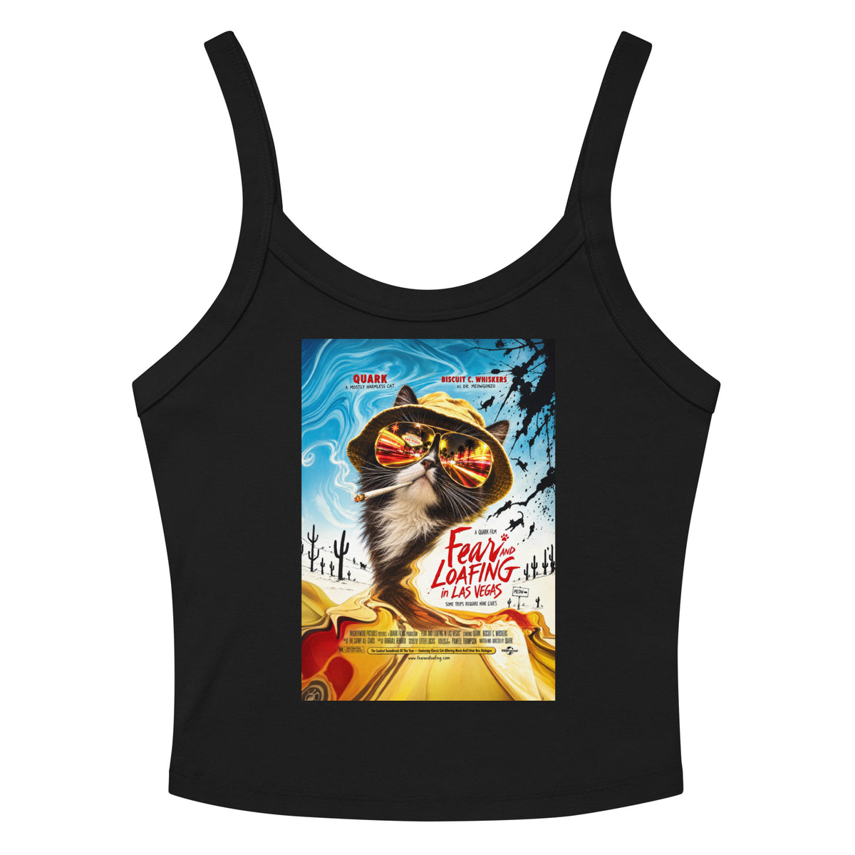 Solid Black Blend women's micro-rib tank top, front view, featuring Fear and Loafing in Las Vegas, a movie poster parody starring a black and white cat in a bucket hat and mirrored aviators reflecting the Las Vegas Strip