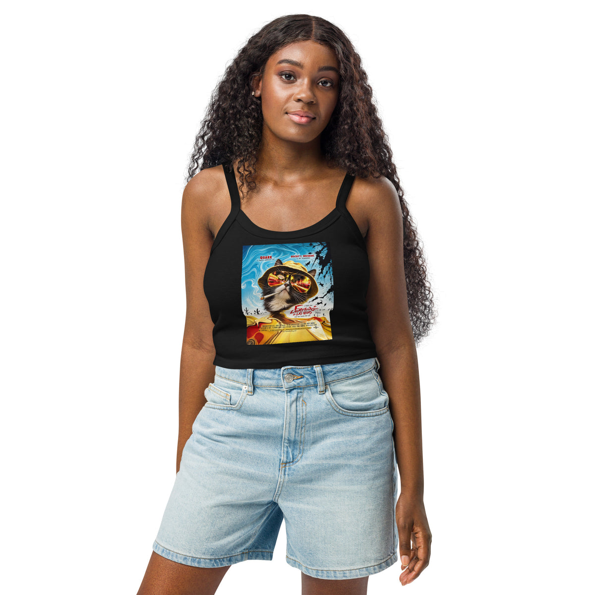Solid Black Blend women's micro-rib tank top, front view, featuring the Fear and Loafing in Las Vegas Quark cat poster design