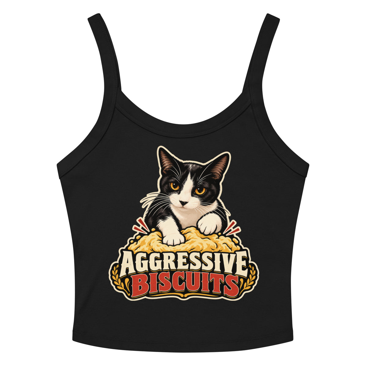 Solid Black Blend women's micro-rib tank top, front view, featuring a black and white tuxedo cat with amber eyes kneading a mound of golden dough, under vintage bakery badge lettering reading Aggressive Biscuits